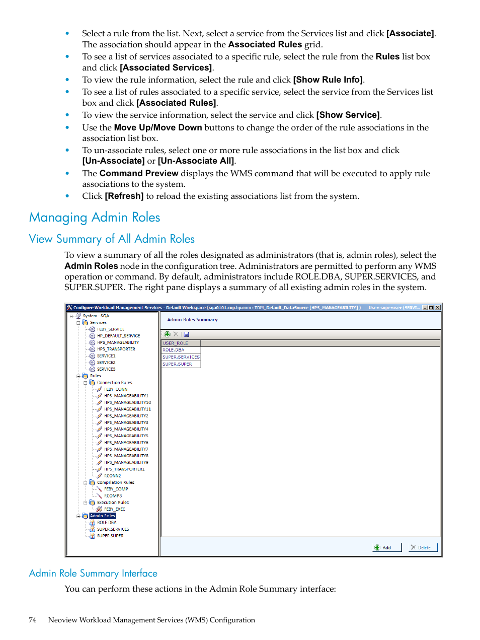 Managing admin roles, View summary of all admin roles, Admin role summary interface | HP Neoview Release 2.5 Software User Manual | Page 74 / 114