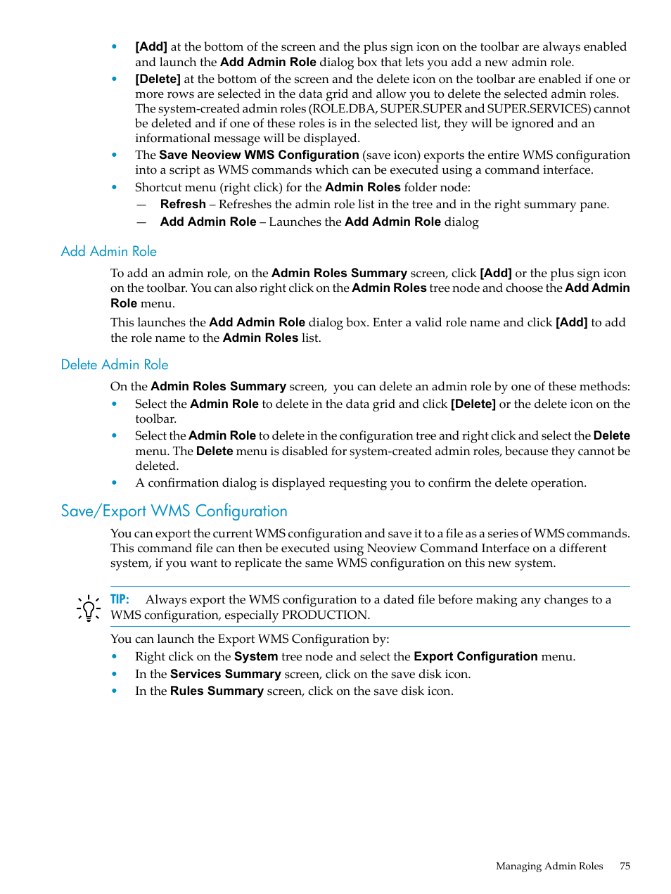 Add admin role, Delete admin role, Save/export wms configuration | Add admin role delete admin role, Save/export | HP Neoview Release 2.5 Software User Manual | Page 75 / 114