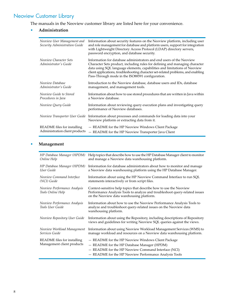 Neoview customer library | HP Neoview Release 2.5 Software User Manual | Page 8 / 114