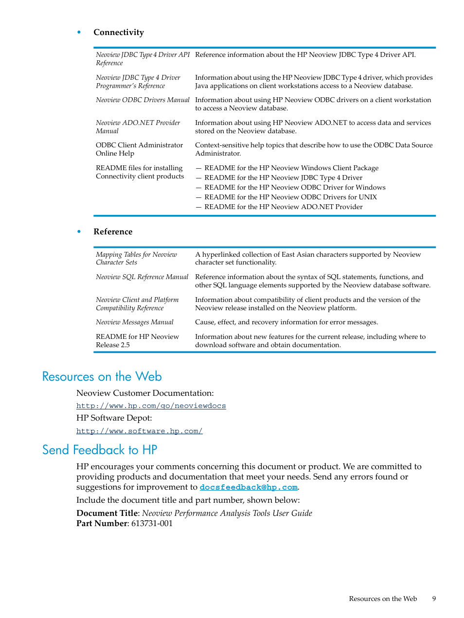 Resources on the web, Send feedback to hp, Resources on the web send feedback to hp | HP Neoview Release 2.5 Software User Manual | Page 9 / 114