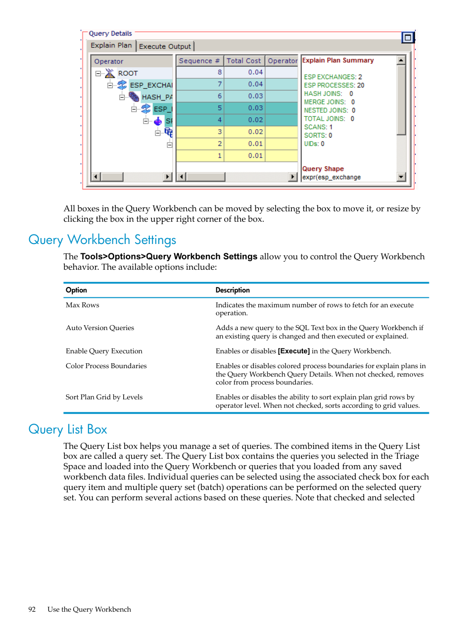 Query workbench settings, Query list box, Query workbench settings query list box | HP Neoview Release 2.5 Software User Manual | Page 92 / 114