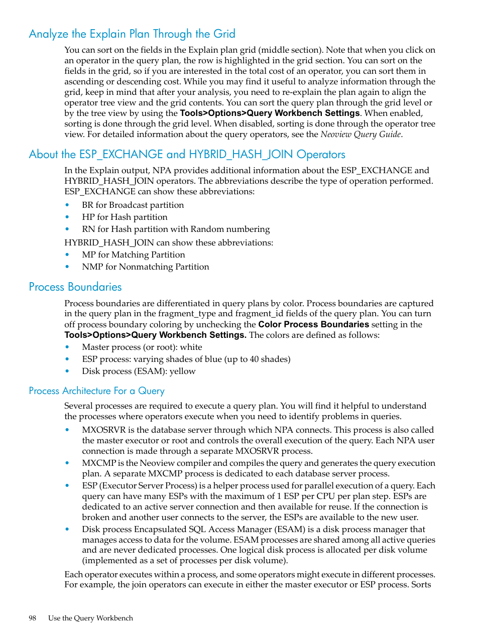 Analyze the explain plan through the grid, Process boundaries, Process architecture for a query | Analyze the explain plan through | HP Neoview Release 2.5 Software User Manual | Page 98 / 114