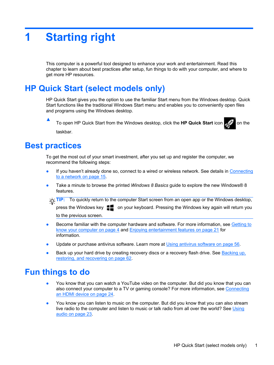 Starting right, Hp quick start (select models only), Best practices | Fun things to do, 1 starting right, 1starting right | HP ENVY TouchSmart 14-k120us Ultrabook User Manual | Page 11 / 82