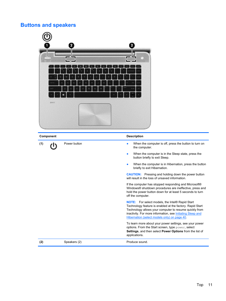 Buttons and speakers | HP ENVY TouchSmart 14-k120us Ultrabook User Manual | Page 21 / 82