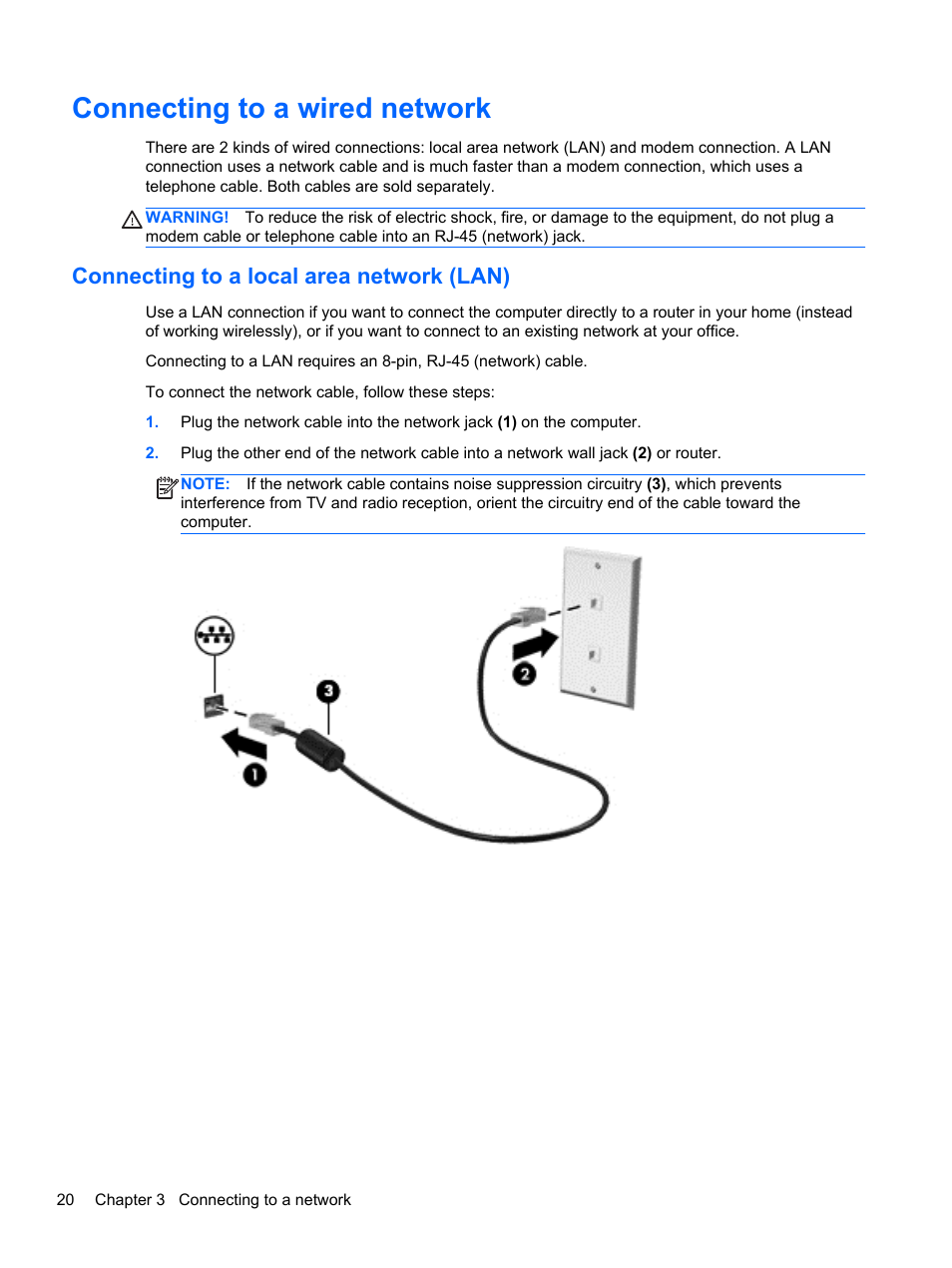 Connecting to a wired network, Connecting to a local area network (lan) | HP ENVY TouchSmart 14-k120us Ultrabook User Manual | Page 30 / 82