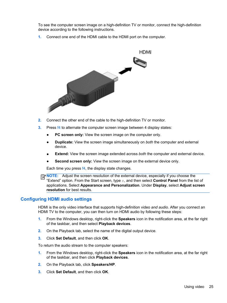 Configuring hdmi audio settings | HP ENVY TouchSmart 14-k120us Ultrabook User Manual | Page 35 / 82