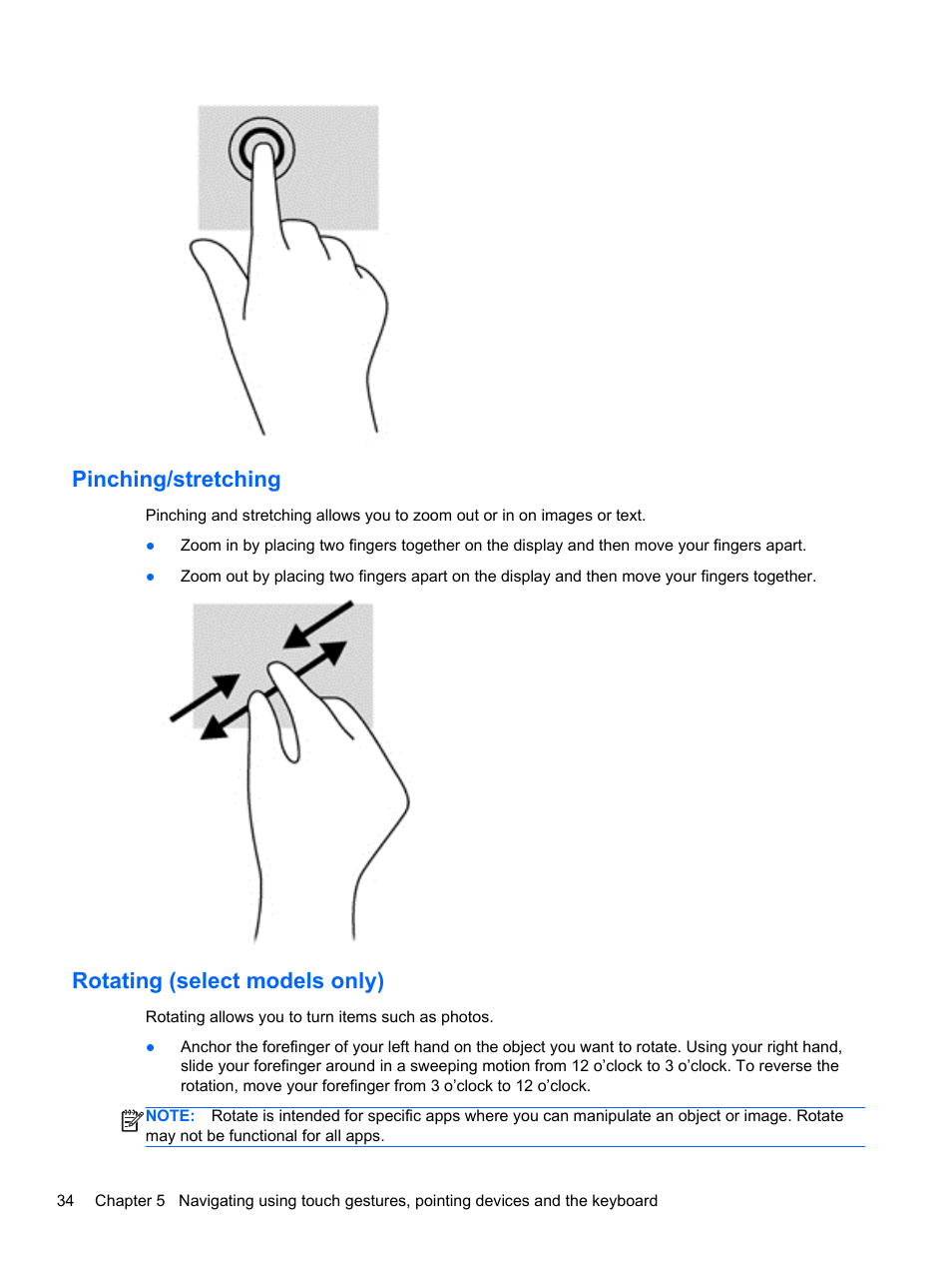 Pinching/stretching, Rotating (select models only), Pinching/stretching rotating (select models only) | HP ENVY TouchSmart 14-k120us Ultrabook User Manual | Page 44 / 82