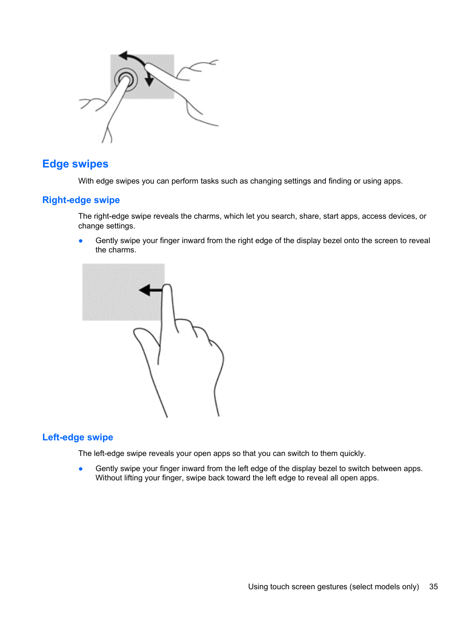 Edge swipes, Right-edge swipe, Left-edge swipe | Right-edge swipe left-edge swipe | HP ENVY TouchSmart 14-k120us Ultrabook User Manual | Page 45 / 82