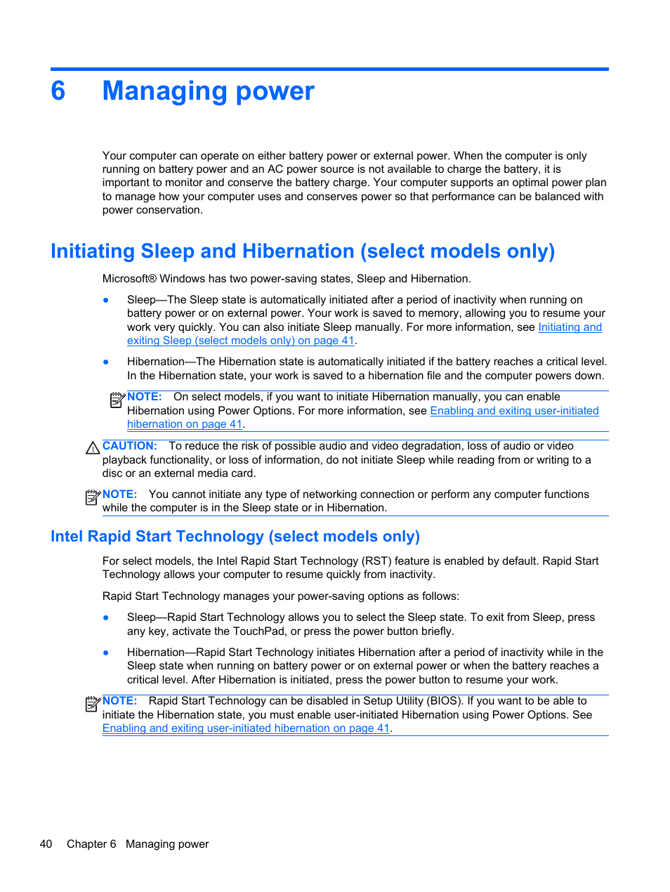 Managing power, Intel rapid start technology (select models only), 6 managing power | 6managing power | HP ENVY TouchSmart 14-k120us Ultrabook User Manual | Page 50 / 82
