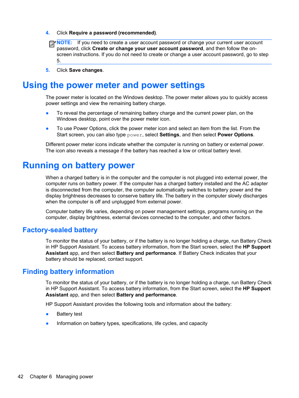 Using the power meter and power settings, Running on battery power, Factory-sealed battery | Finding battery information, Factory-sealed battery finding battery information | HP ENVY TouchSmart 14-k120us Ultrabook User Manual | Page 52 / 82