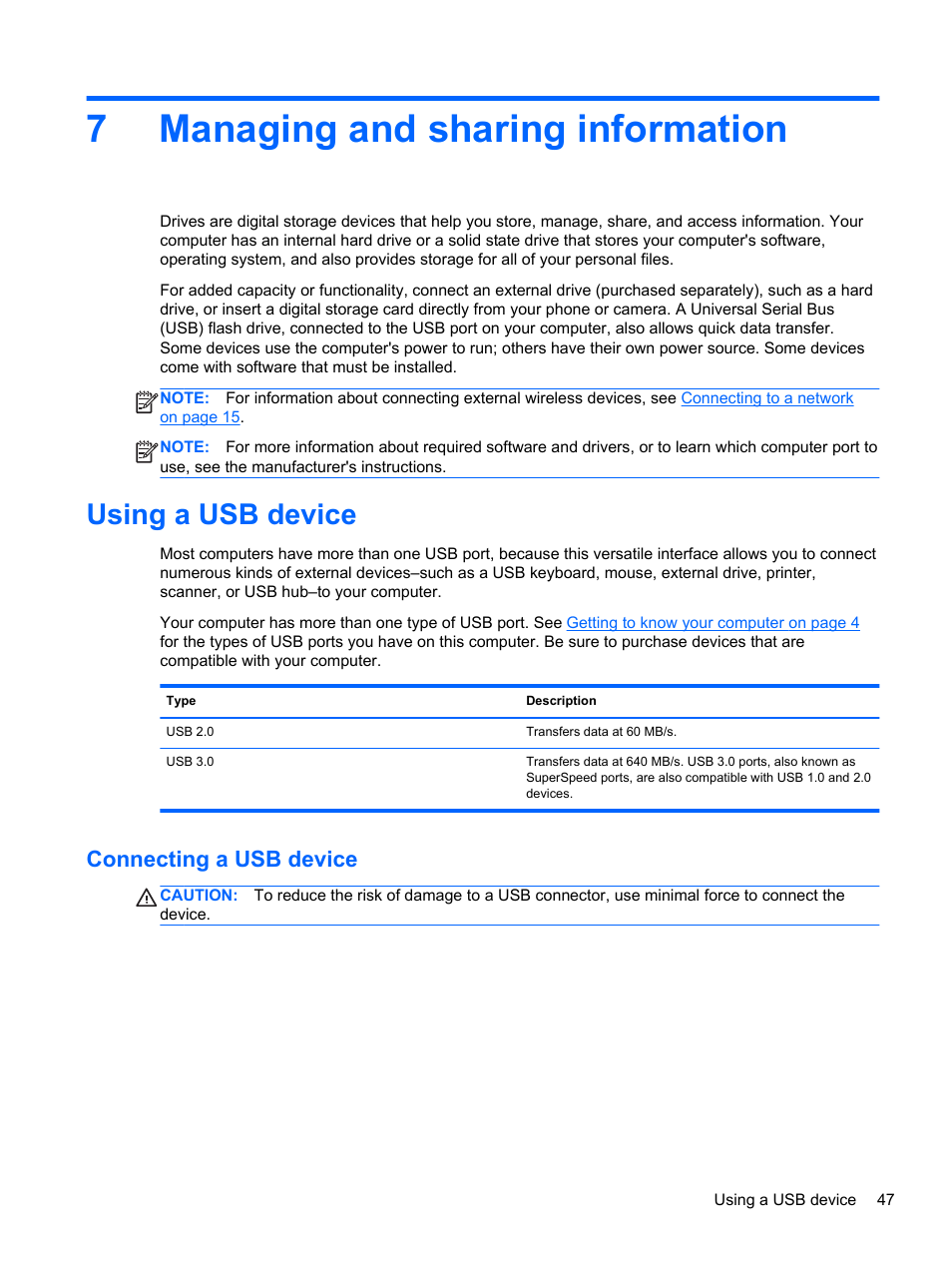 Managing and sharing information, Using a usb device, Connecting a usb device | 7 managing and sharing information, 7managing and sharing information | HP ENVY TouchSmart 14-k120us Ultrabook User Manual | Page 57 / 82