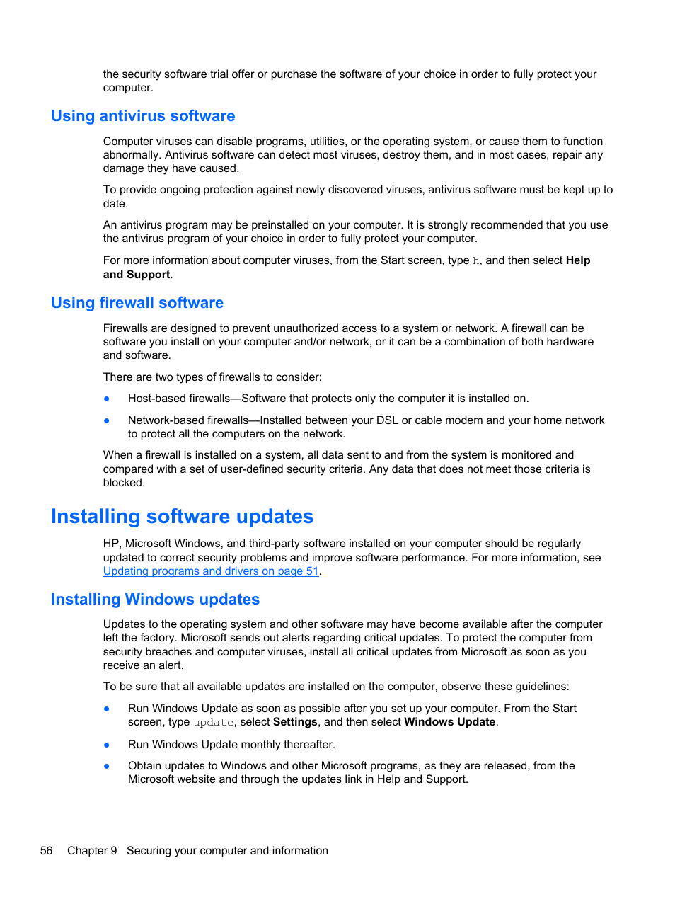 Using antivirus software, Using firewall software, Installing software updates | Installing windows updates, Using antivirus software using firewall software | HP ENVY TouchSmart 14-k120us Ultrabook User Manual | Page 66 / 82