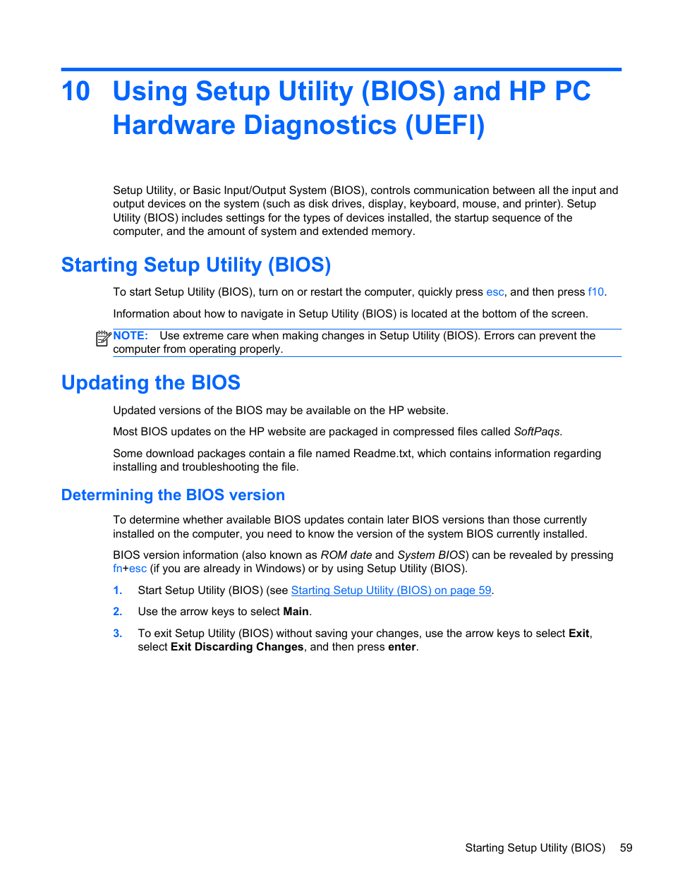 Starting setup utility (bios), Updating the bios, Determining the bios version | Starting setup utility (bios) updating the bios | HP ENVY TouchSmart 14-k120us Ultrabook User Manual | Page 69 / 82