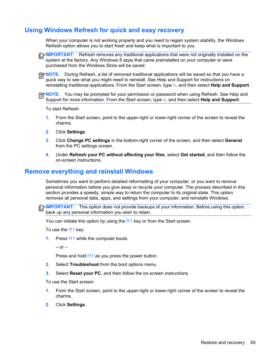 Using windows refresh for quick and easy recovery, Remove everything and reinstall windows | HP ENVY TouchSmart 14-k120us Ultrabook User Manual | Page 75 / 82