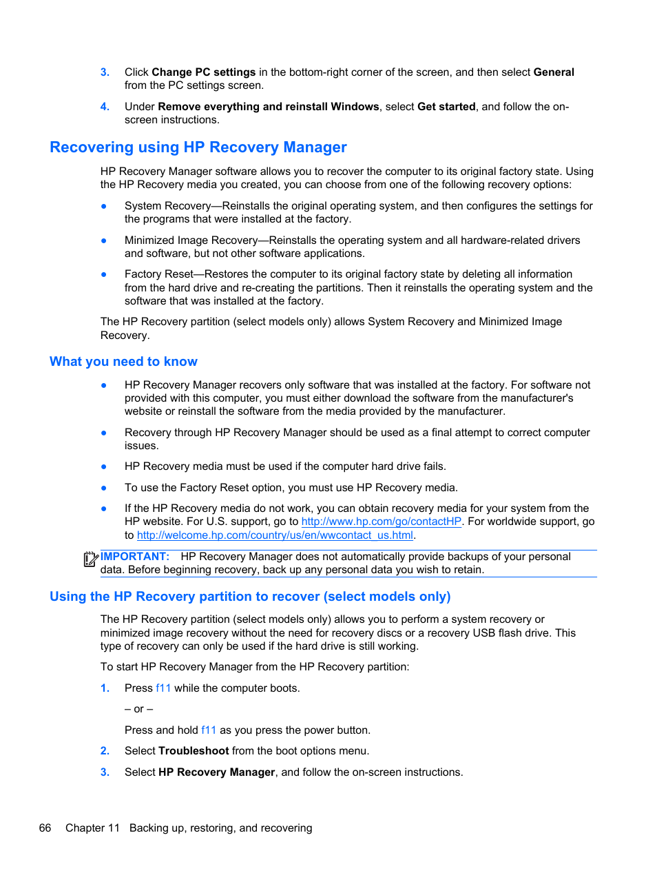 Recovering using hp recovery manager, What you need to know | HP ENVY TouchSmart 14-k120us Ultrabook User Manual | Page 76 / 82