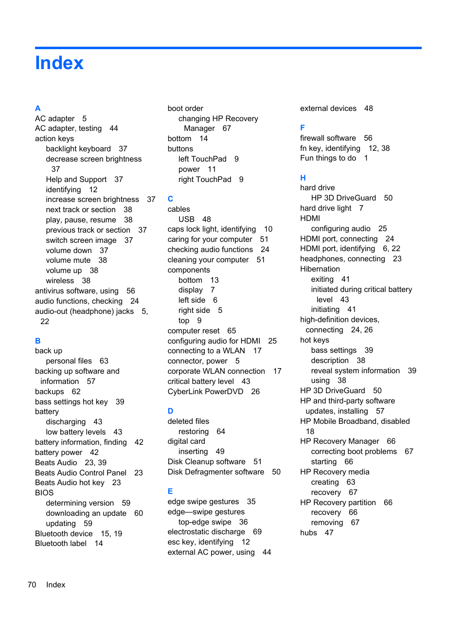 Index | HP ENVY TouchSmart 14-k120us Ultrabook User Manual | Page 80 / 82