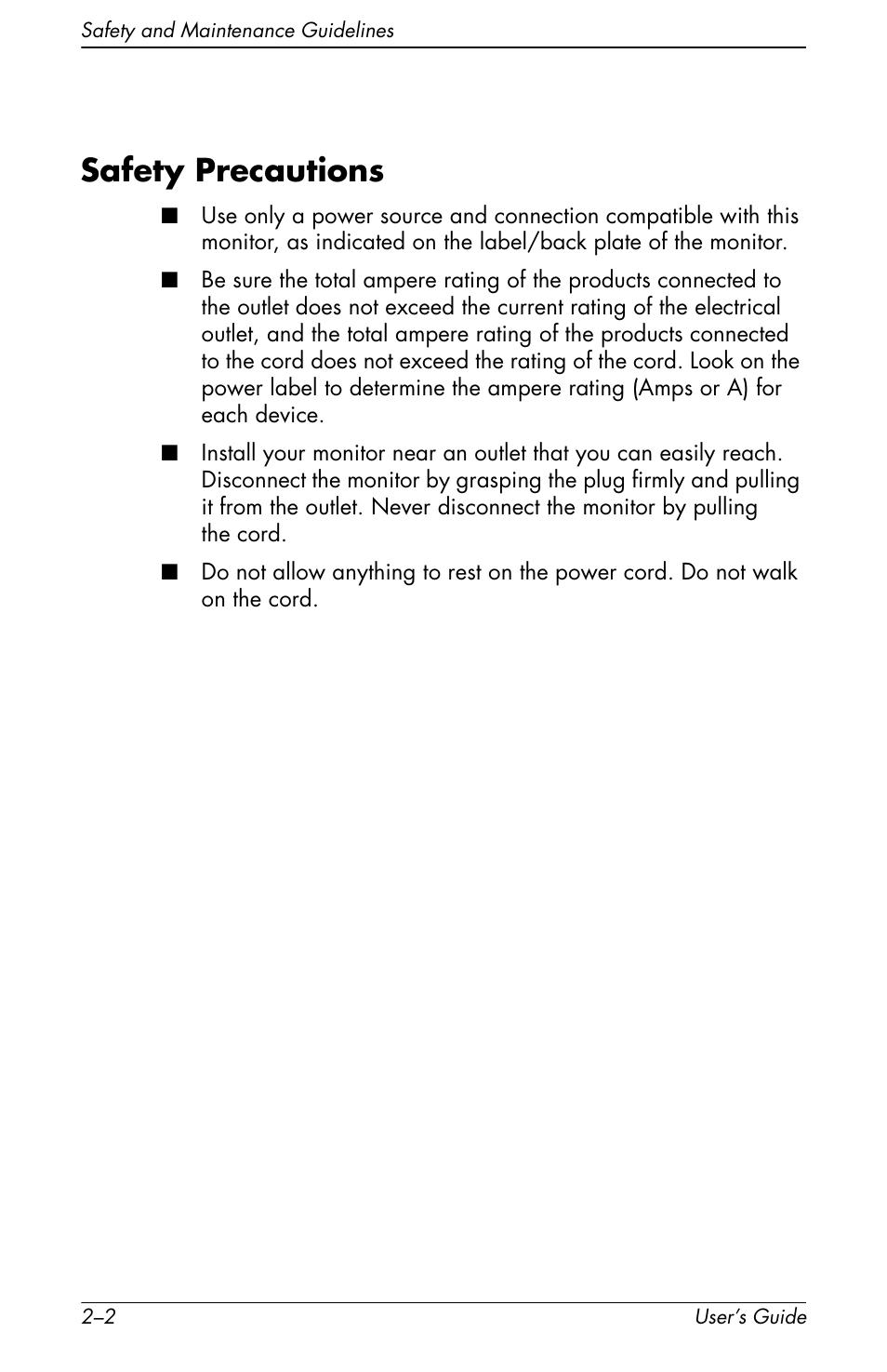 Safety precautions, Safety precautions –2 | HP f1905 19 inch LCD Monitor User Manual | Page 14 / 80