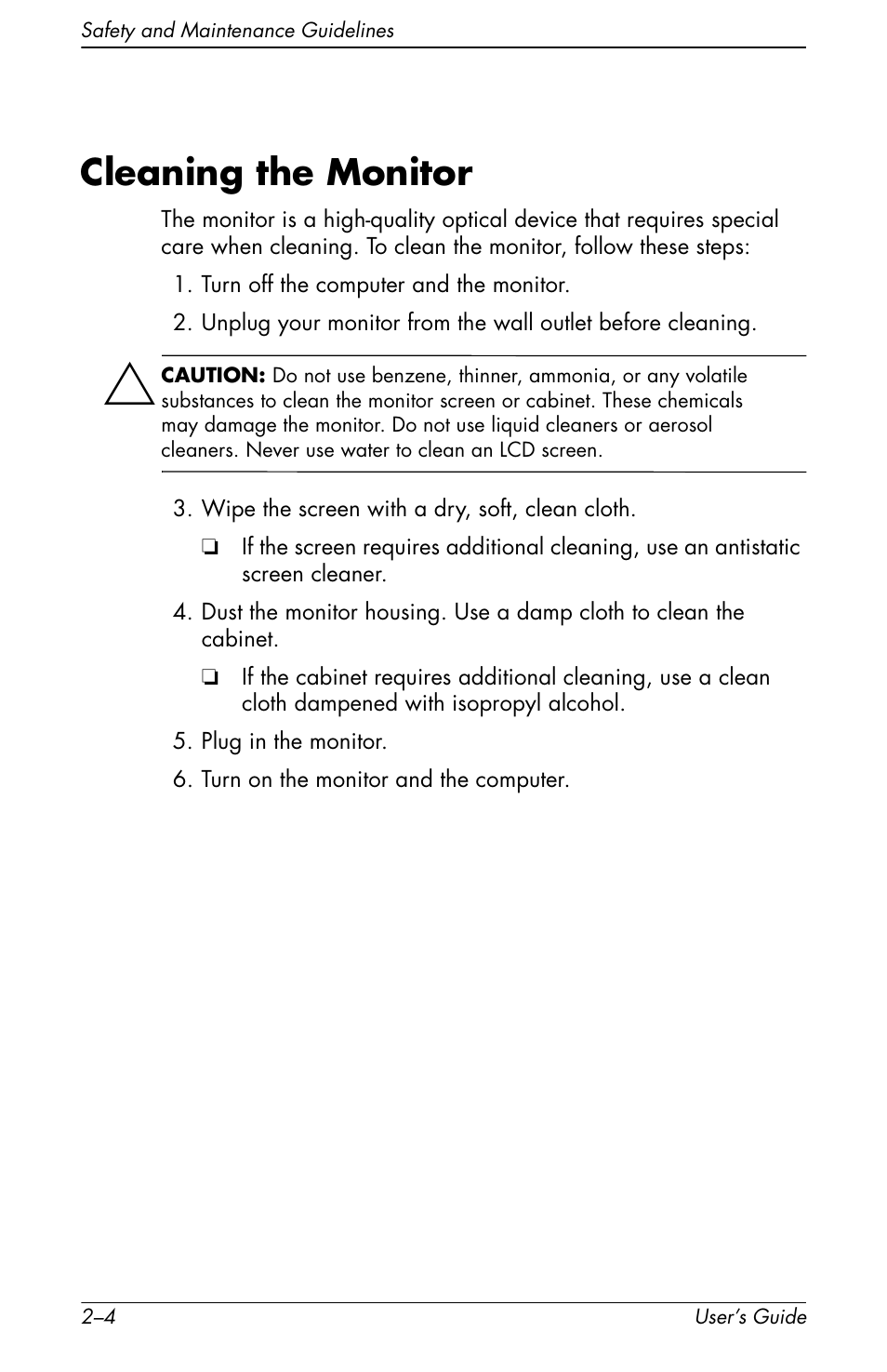 Cleaning the monitor, Cleaning the monitor –4 | HP f1905 19 inch LCD Monitor User Manual | Page 16 / 80