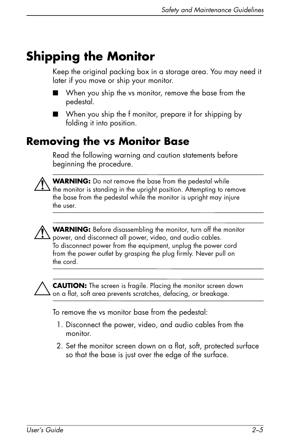 Shipping the monitor, Removing the vs monitor base, Shipping the monitor –5 | Removing the vs monitor base –5 | HP f1905 19 inch LCD Monitor User Manual | Page 17 / 80