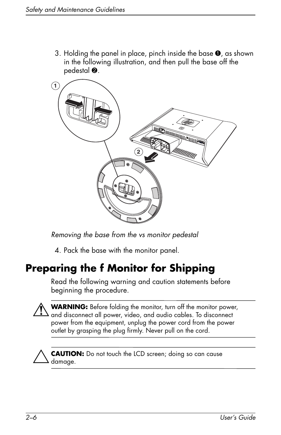 Preparing the f monitor for shipping, Preparing the f monitor for shipping –6 | HP f1905 19 inch LCD Monitor User Manual | Page 18 / 80