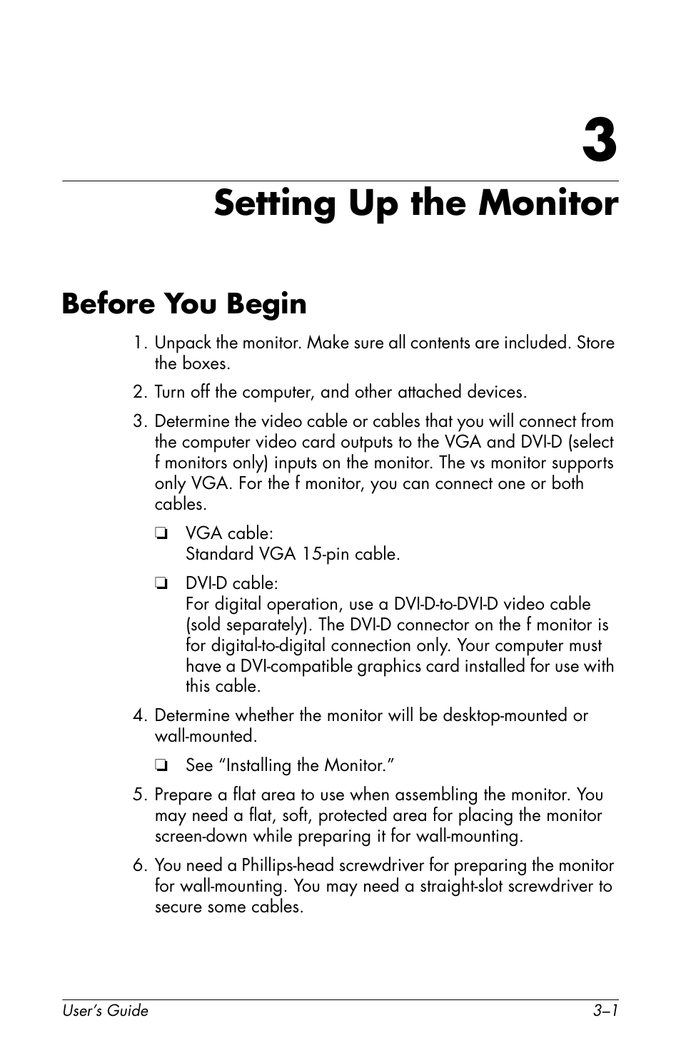 Setting up the monitor, Before you begin, 3 setting up the monitor | Before you begin –1 | HP f1905 19 inch LCD Monitor User Manual | Page 21 / 80