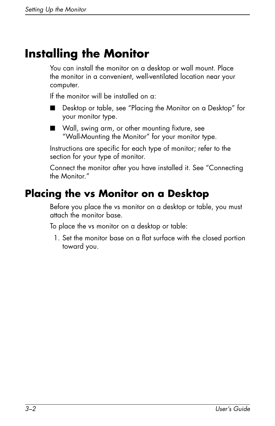 Installing the monitor, Placing the vs monitor on a desktop, Installing the monitor –2 | Placing the vs monitor on a desktop –2 | HP f1905 19 inch LCD Monitor User Manual | Page 22 / 80