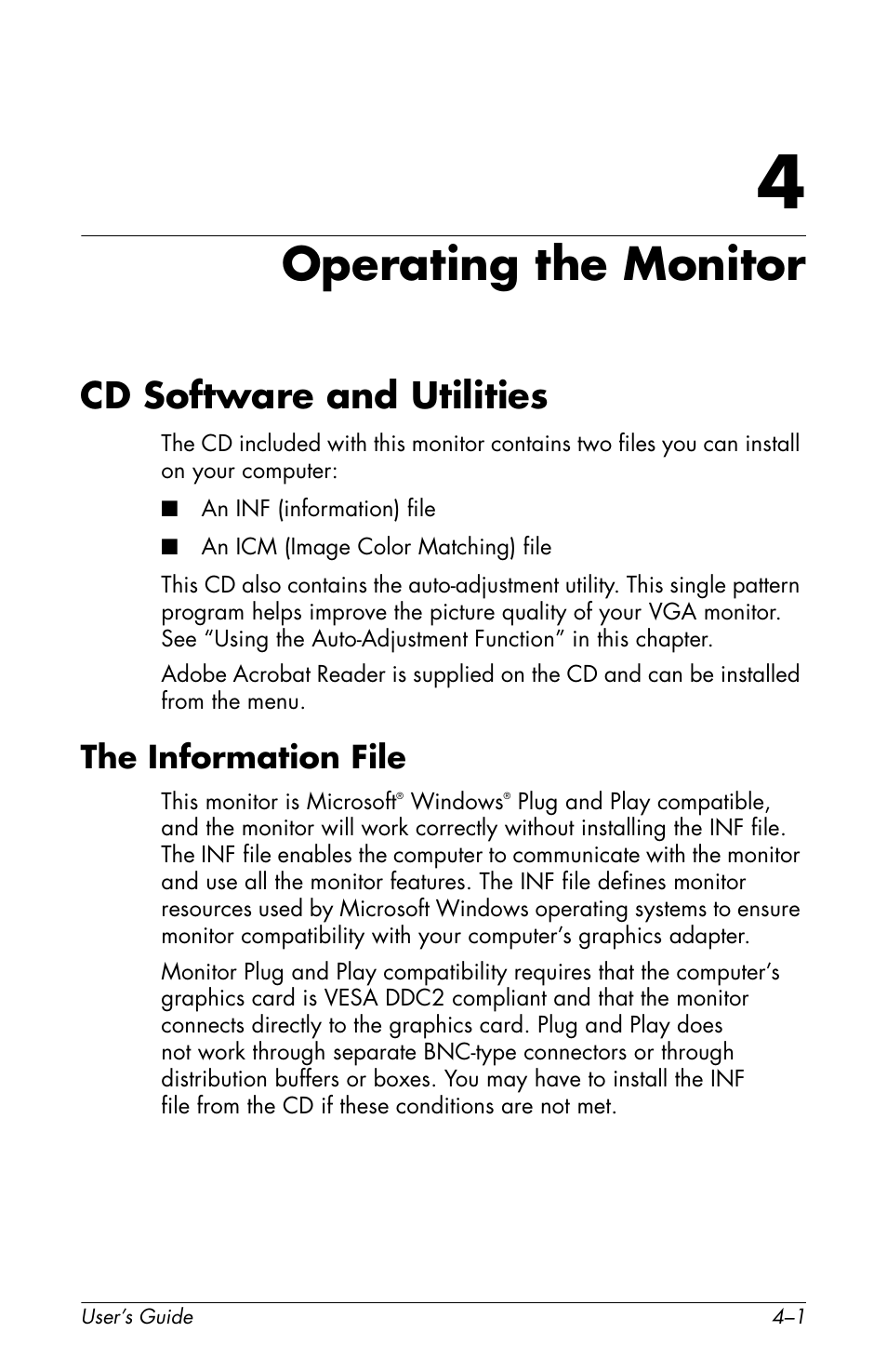 Operating the monitor, Cd software and utilities, The information file | 4 operating the monitor, Cd software and utilities –1, The information file –1 | HP f1905 19 inch LCD Monitor User Manual | Page 41 / 80