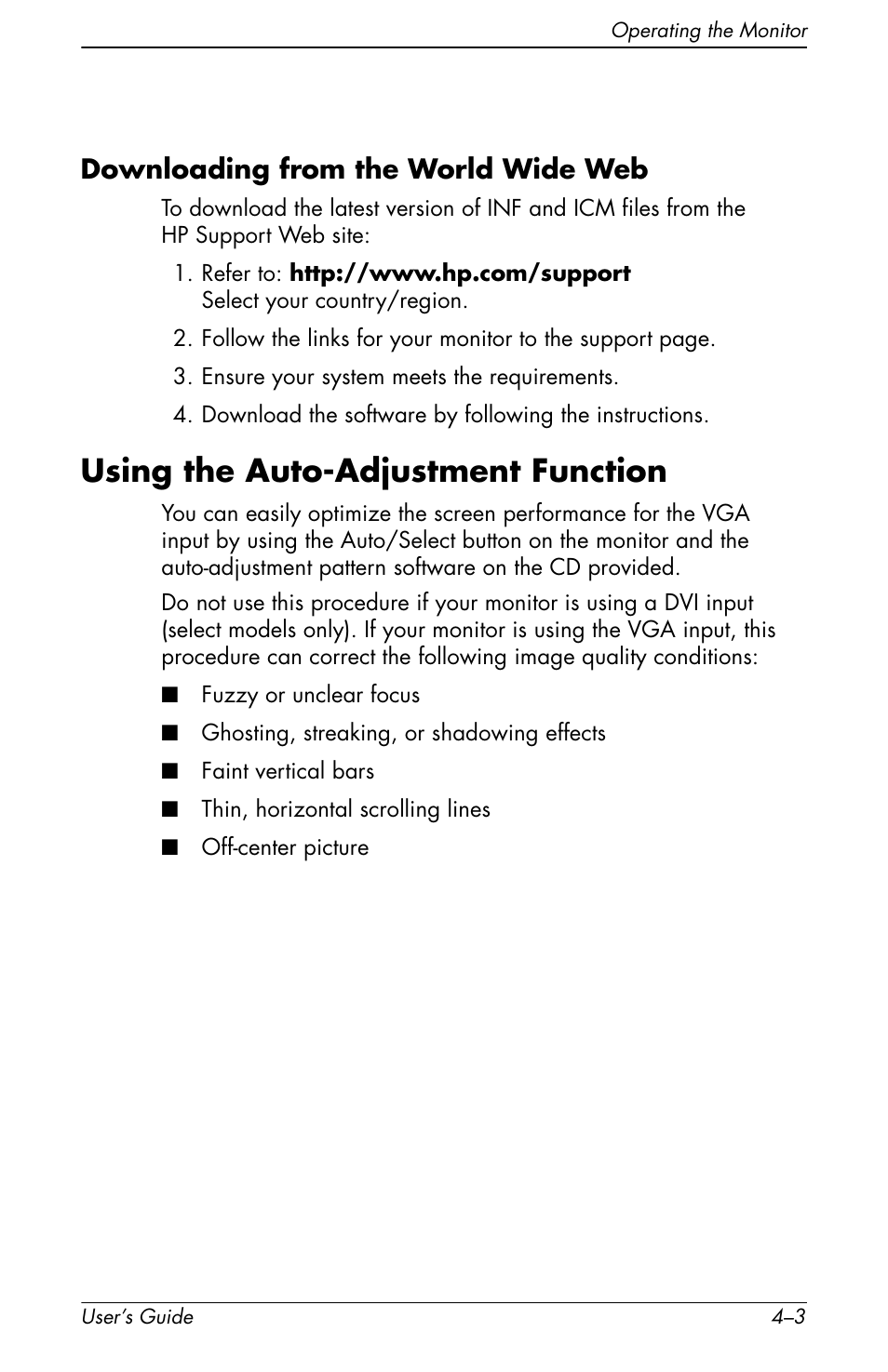 Using the auto-adjustment function, Downloading from the, World wide web –3 | Using the auto-adjustment function –3, Downloading from the world wide web | HP f1905 19 inch LCD Monitor User Manual | Page 43 / 80
