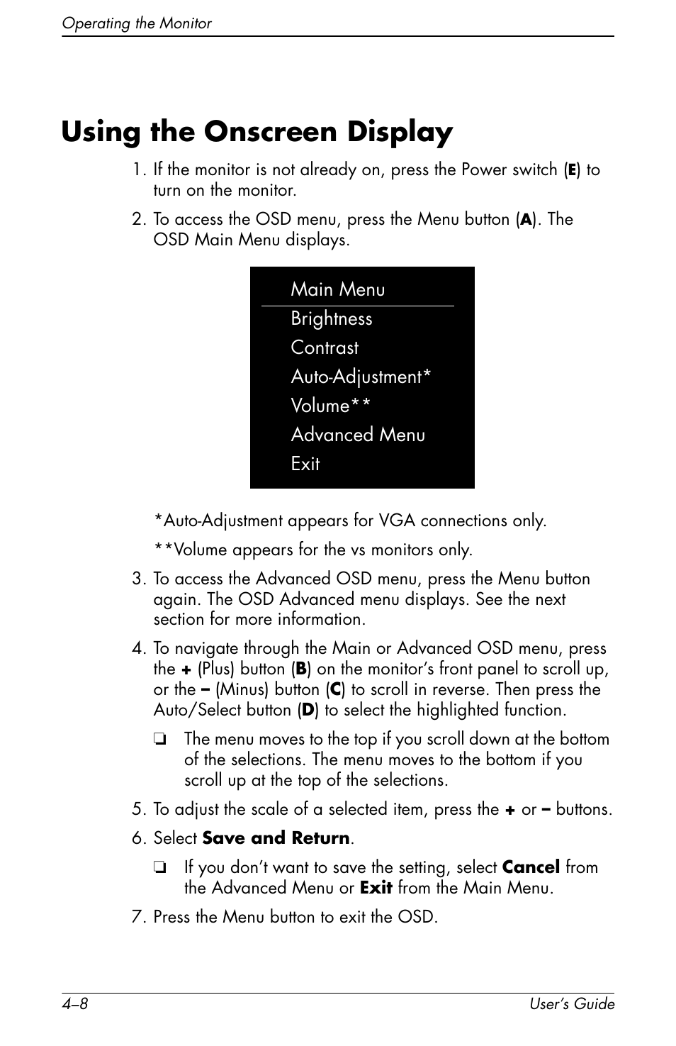 Using the onscreen display, Using the onscreen display –8 | HP f1905 19 inch LCD Monitor User Manual | Page 48 / 80