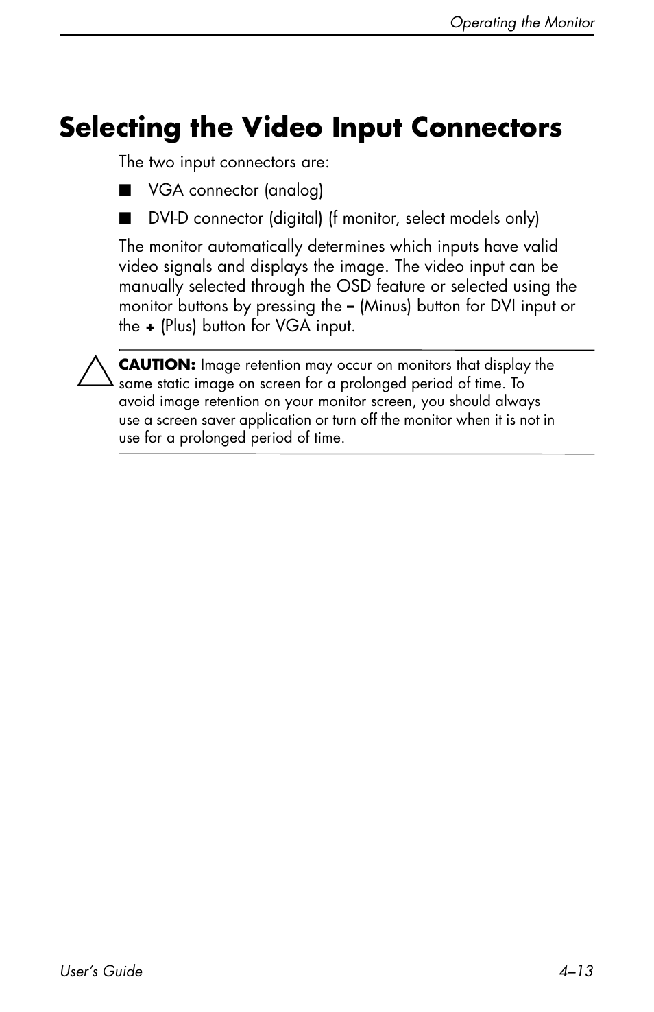 Selecting the video input connectors, Selecting the video input connectors –13 | HP f1905 19 inch LCD Monitor User Manual | Page 53 / 80