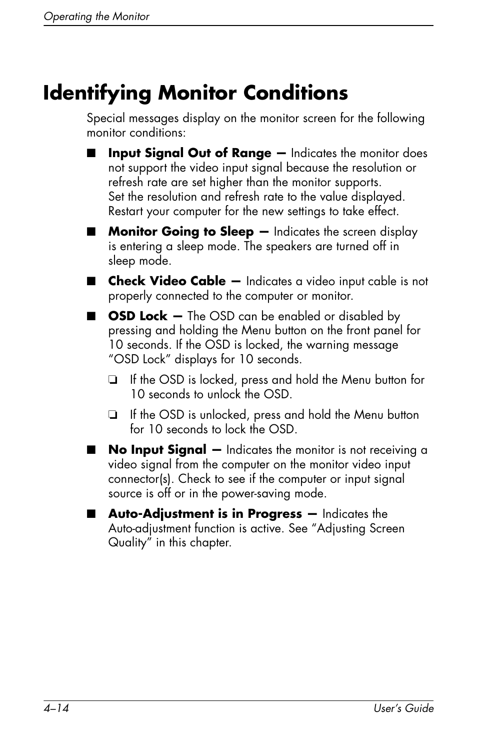 Identifying monitor conditions, Identifying monitor conditions –14 | HP f1905 19 inch LCD Monitor User Manual | Page 54 / 80