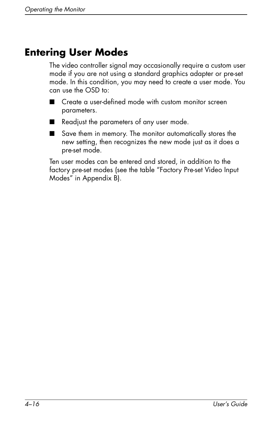 Entering user modes, Entering user modes –16 | HP f1905 19 inch LCD Monitor User Manual | Page 56 / 80