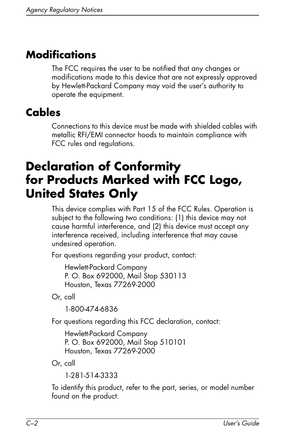 Modifications, Cables, Declaration of conformity | For products marked with fcc logo | HP f1905 19 inch LCD Monitor User Manual | Page 74 / 80