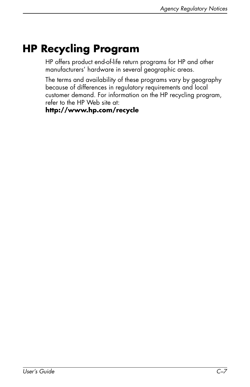 Hp recycling program | HP f1905 19 inch LCD Monitor User Manual | Page 79 / 80