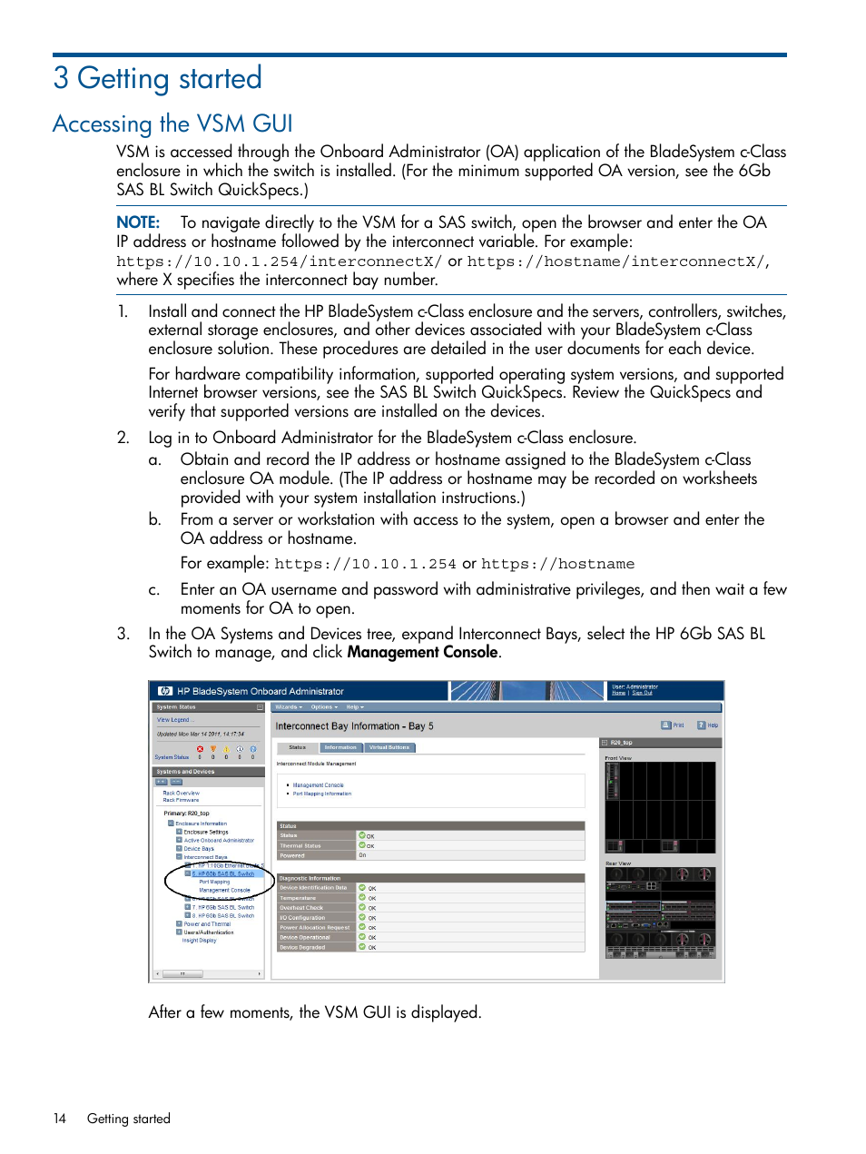 3 getting started, Accessing the vsm gui | HP 6Gb SAS Switch for HP BladeSystem c-Class User Manual | Page 14 / 85