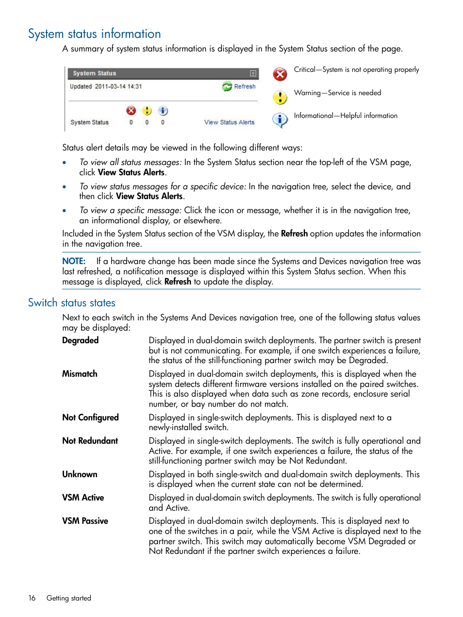 System status information, Switch status states | HP 6Gb SAS Switch for HP BladeSystem c-Class User Manual | Page 16 / 85