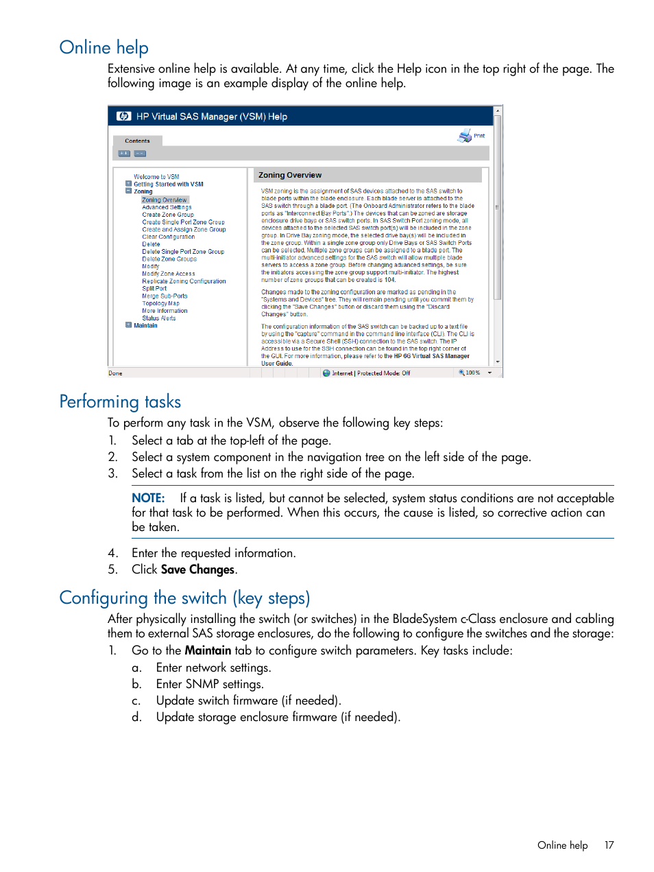 Online help, Performing tasks, Configuring the switch (key steps) | HP 6Gb SAS Switch for HP BladeSystem c-Class User Manual | Page 17 / 85