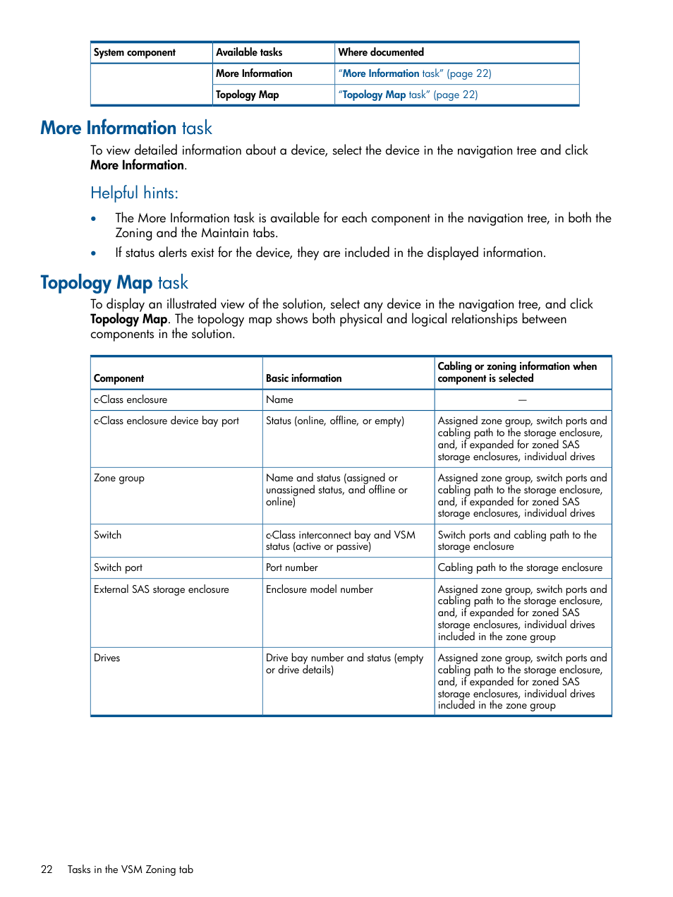 More information task, Topology map task, More information task topology map task | Helpful hints | HP 6Gb SAS Switch for HP BladeSystem c-Class User Manual | Page 22 / 85