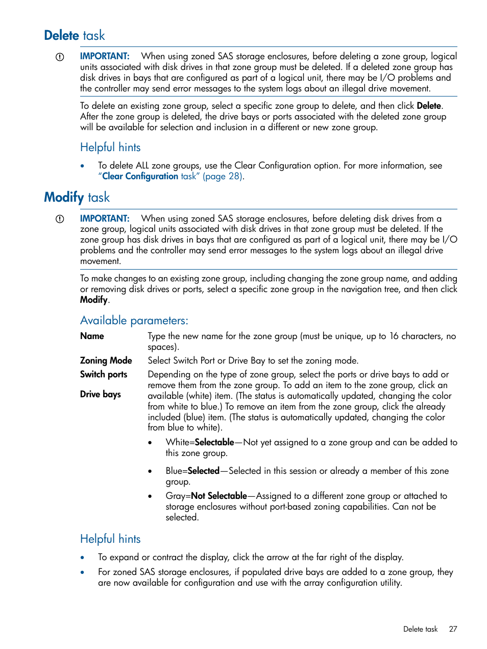 Delete task, Modify task, Delete task modify task | Helpful hints, Available parameters | HP 6Gb SAS Switch for HP BladeSystem c-Class User Manual | Page 27 / 85