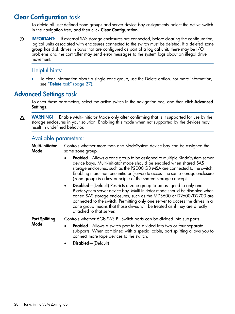 Clear configuration task, Advanced settings task, Clear configuration task advanced settings task | Helpful hints, Available parameters | HP 6Gb SAS Switch for HP BladeSystem c-Class User Manual | Page 28 / 85