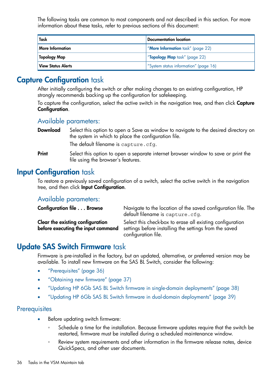 Capture configuration task, Input configuration task, Update sas switch firmware task | Prerequisites, Available parameters | HP 6Gb SAS Switch for HP BladeSystem c-Class User Manual | Page 36 / 85