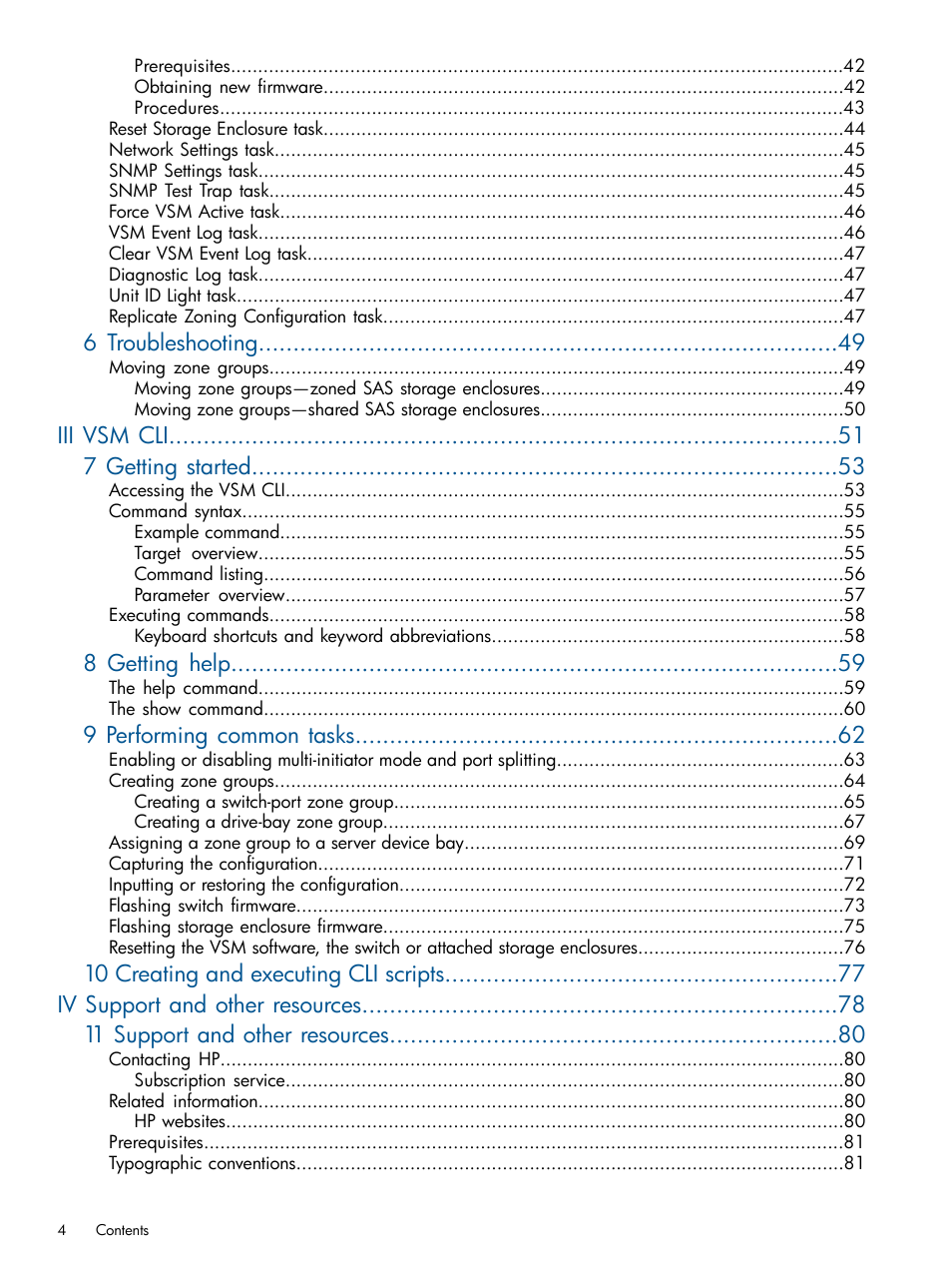 6 troubleshooting, Iii vsm cli 7 getting started, 8 getting help | 9 performing common tasks | HP 6Gb SAS Switch for HP BladeSystem c-Class User Manual | Page 4 / 85