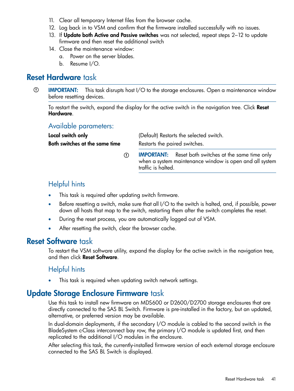 Reset hardware task, Reset software task, Update storage enclosure firmware task | Available parameters, Helpful hints | HP 6Gb SAS Switch for HP BladeSystem c-Class User Manual | Page 41 / 85