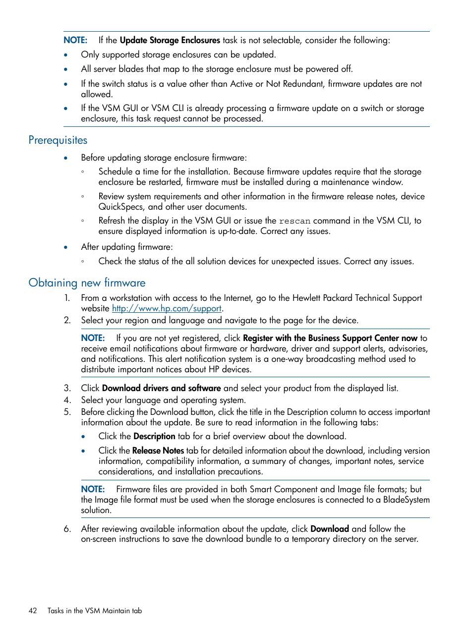 Prerequisites, Obtaining new firmware, Prerequisites obtaining new firmware | HP 6Gb SAS Switch for HP BladeSystem c-Class User Manual | Page 42 / 85