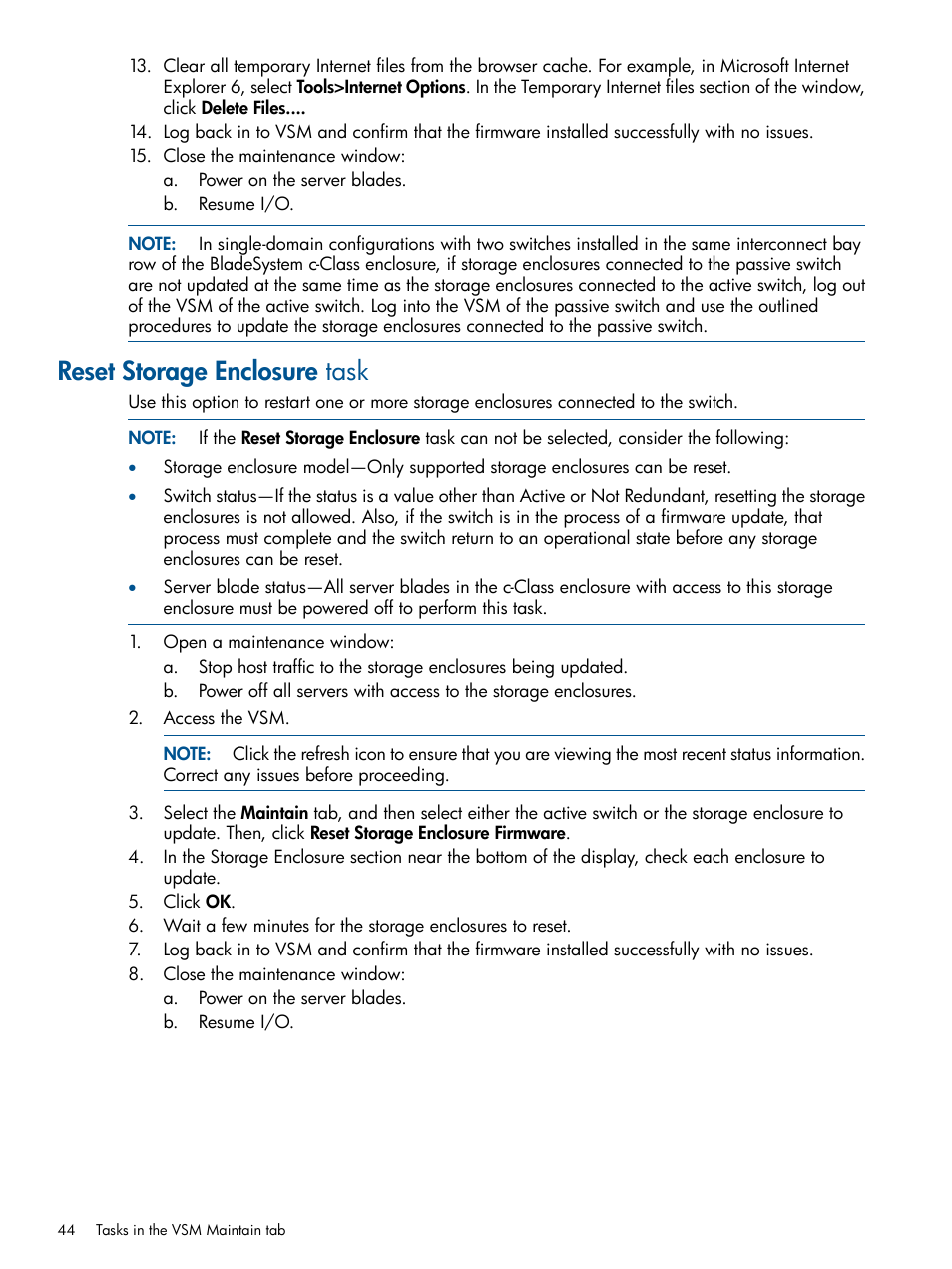 Reset storage enclosure task | HP 6Gb SAS Switch for HP BladeSystem c-Class User Manual | Page 44 / 85