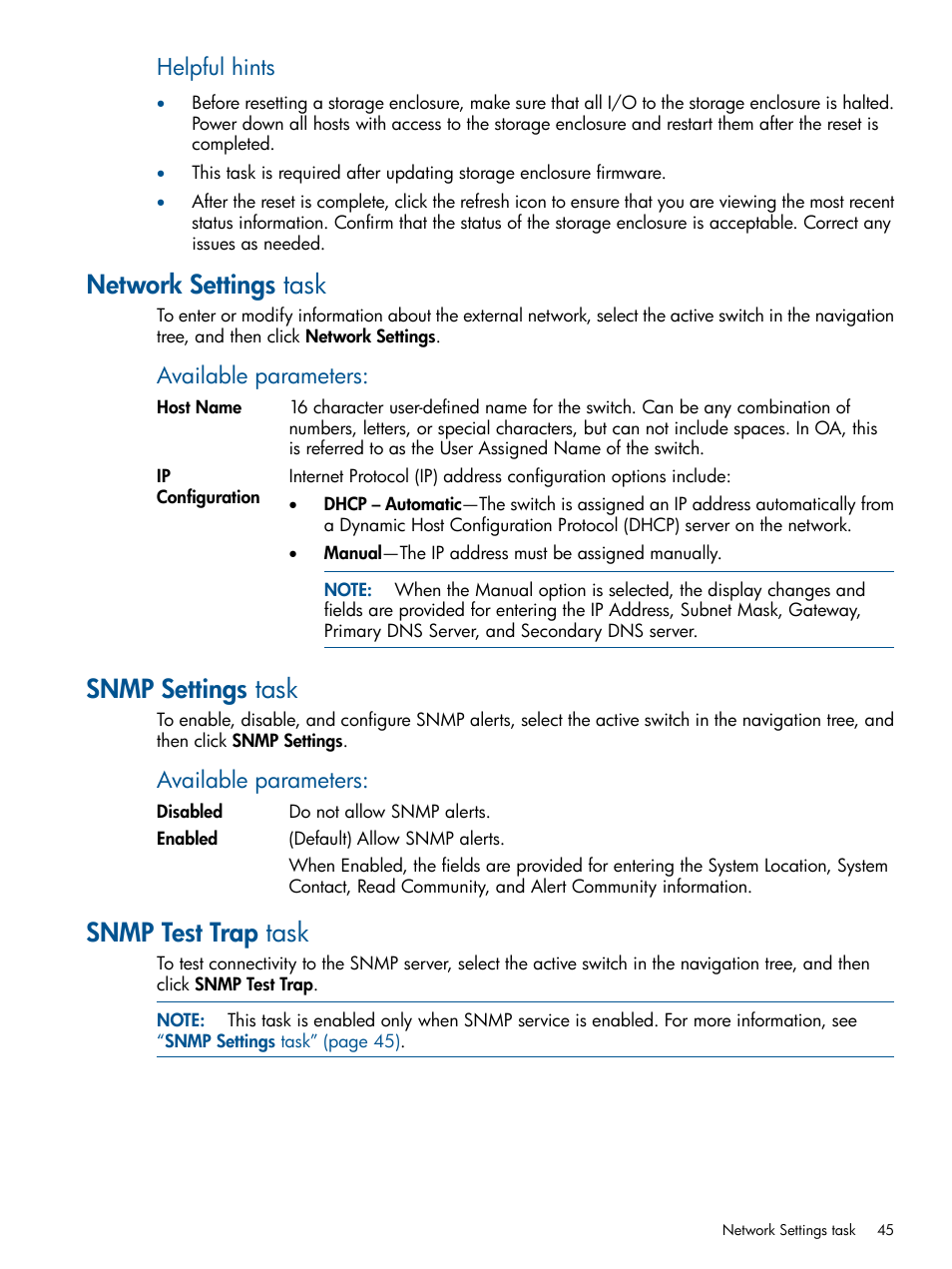 Network settings task, Snmp settings task, Snmp test trap task | Helpful hints, Available parameters | HP 6Gb SAS Switch for HP BladeSystem c-Class User Manual | Page 45 / 85