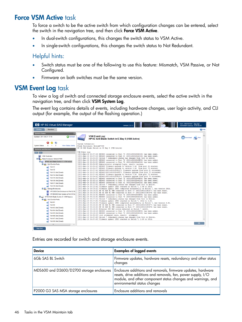 Force vsm active task, Vsm event log task, Force vsm active task vsm event log task | Helpful hints | HP 6Gb SAS Switch for HP BladeSystem c-Class User Manual | Page 46 / 85