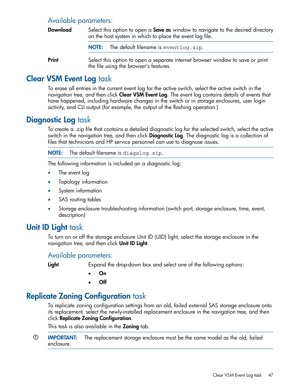 Clear vsm event log task, Diagnostic log task, Unit id light task | Replicate zoning configuration task, Available parameters | HP 6Gb SAS Switch for HP BladeSystem c-Class User Manual | Page 47 / 85