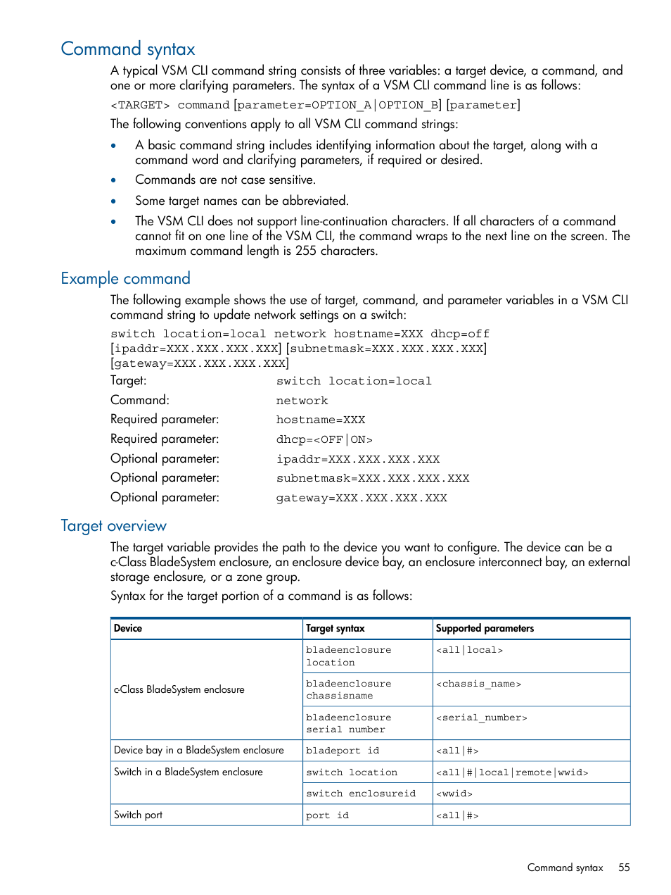 Command syntax, Example command, Target overview | Example command target overview | HP 6Gb SAS Switch for HP BladeSystem c-Class User Manual | Page 55 / 85