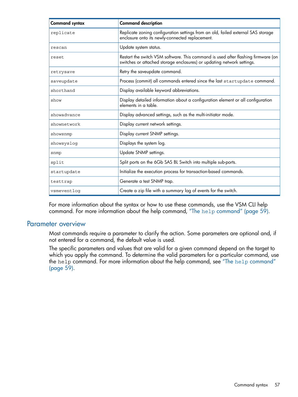 Parameter overview | HP 6Gb SAS Switch for HP BladeSystem c-Class User Manual | Page 57 / 85